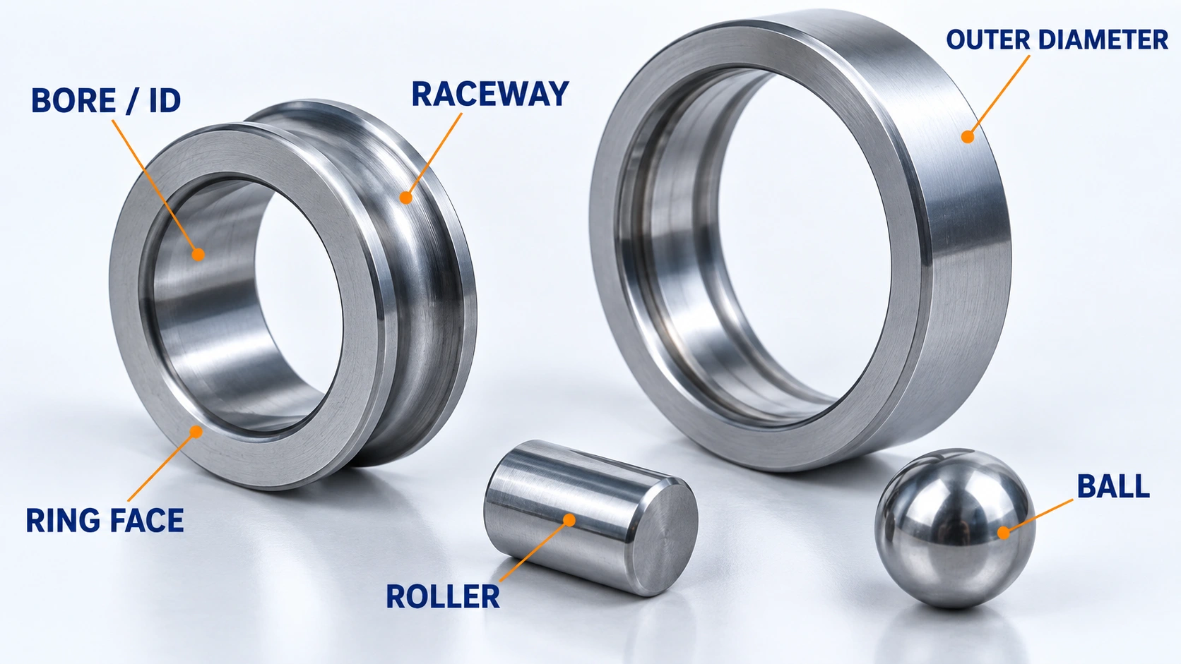 Bearing ring and rolling elements with grinding zones marked for bore, outside diameter, raceway, ring face, roller and ball