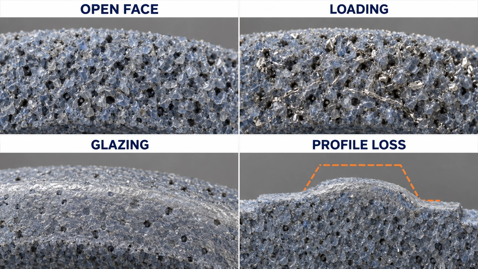 Grinding wheel face condition reference showing an open face, loading, glazing and profile loss for bearing ring grinding review