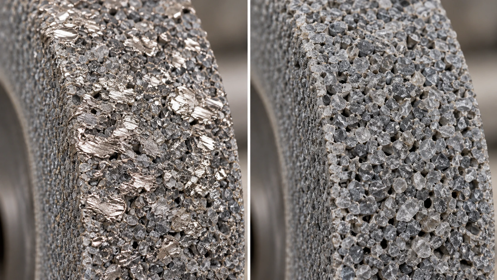 Two photographs of the same grinding wheel face: on the left the face is coated with adhering stainless material, on the right the same face immediately after dressing with open grain and clear pores.