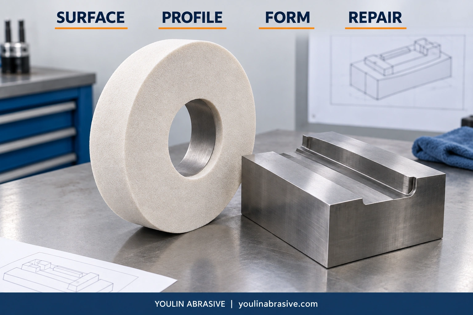 Conceptual grinding wheel and customer steel workpiece illustration with surface, profile, form and repair review categories