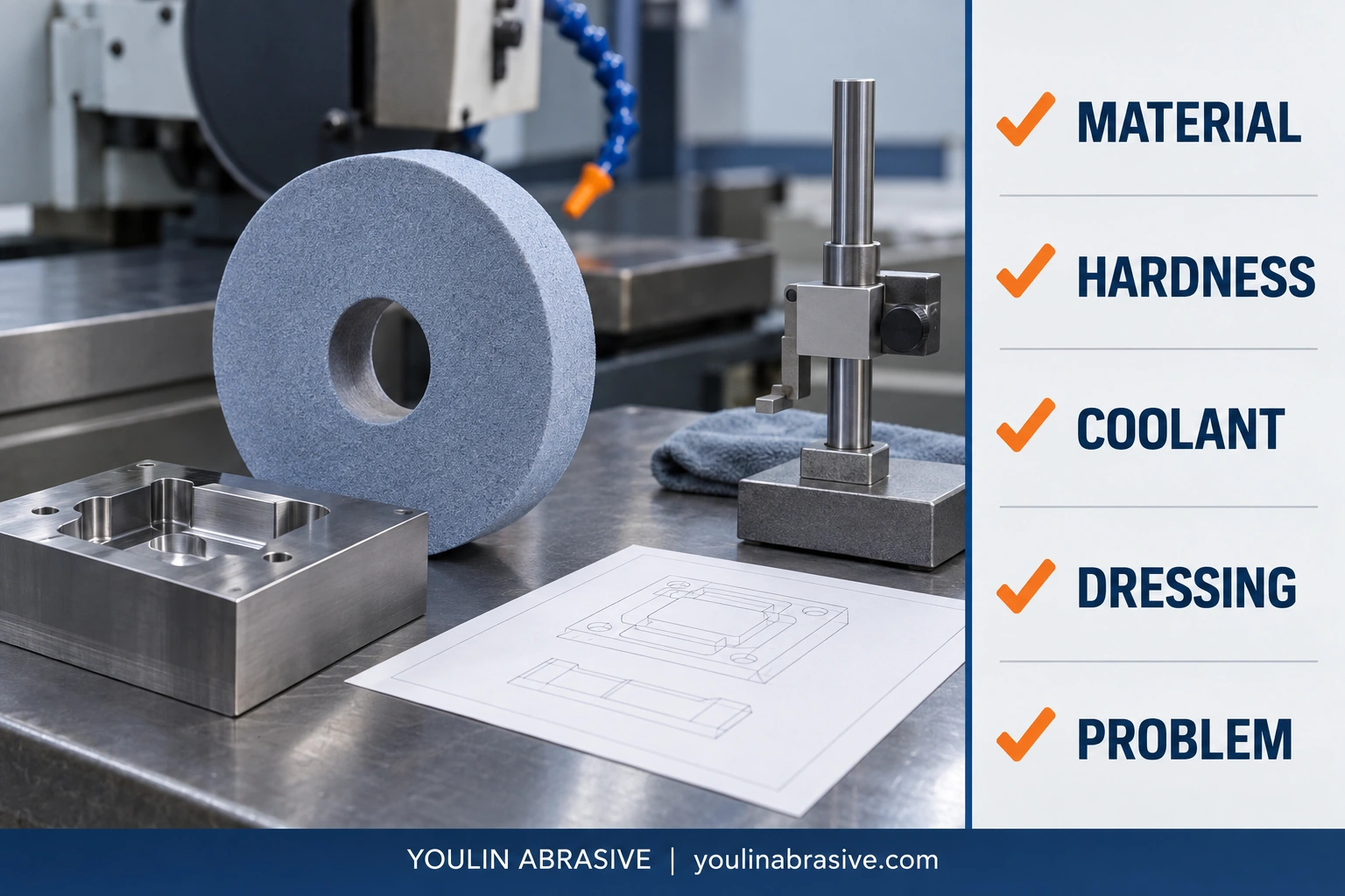 Conceptual inspection bench with grinding wheel, customer mold steel workpiece, drawing and five application review fields