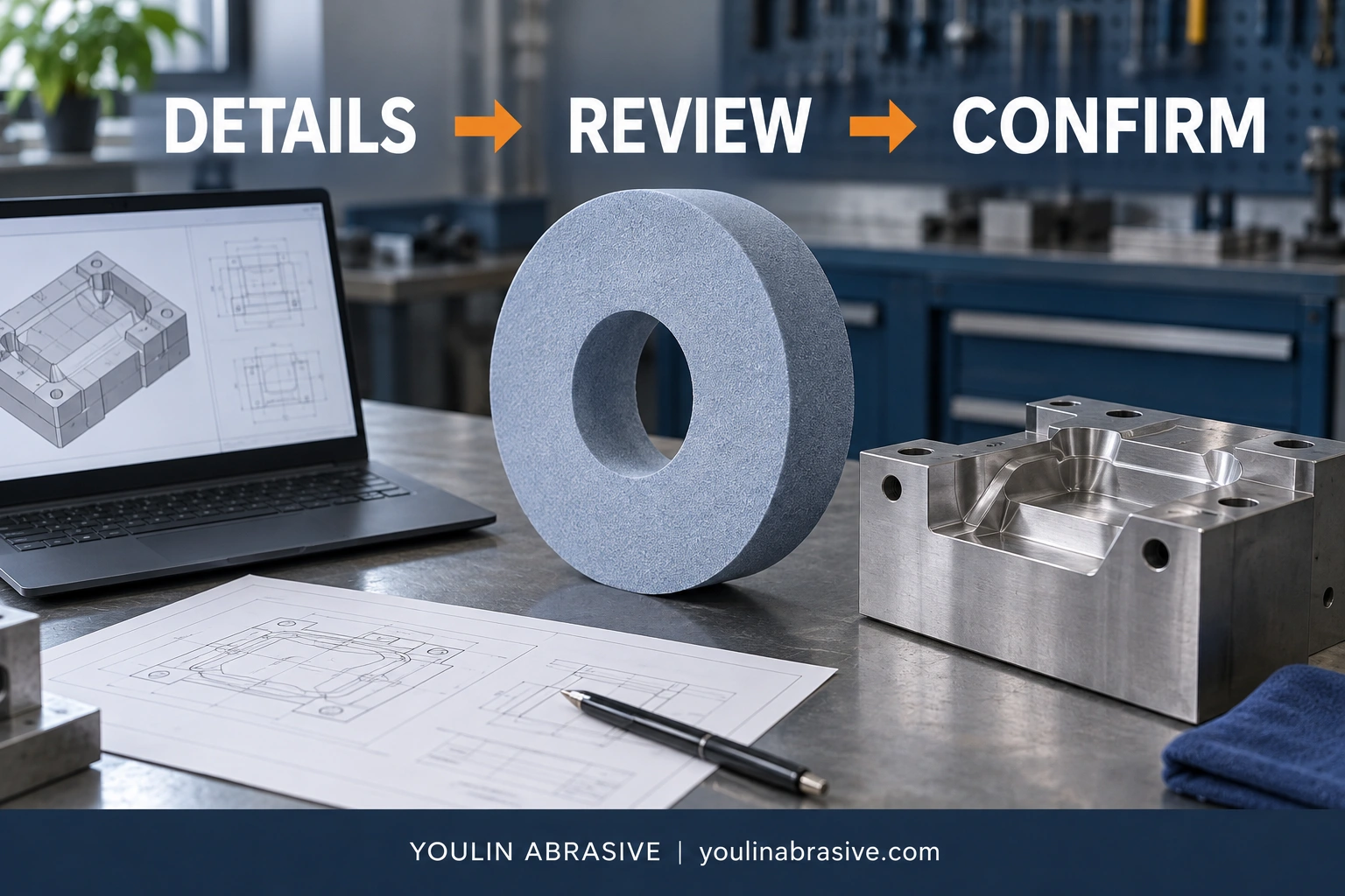 Conceptual mold steel grinding inquiry workflow from details to review and confirmation, with grinding wheel and drawing