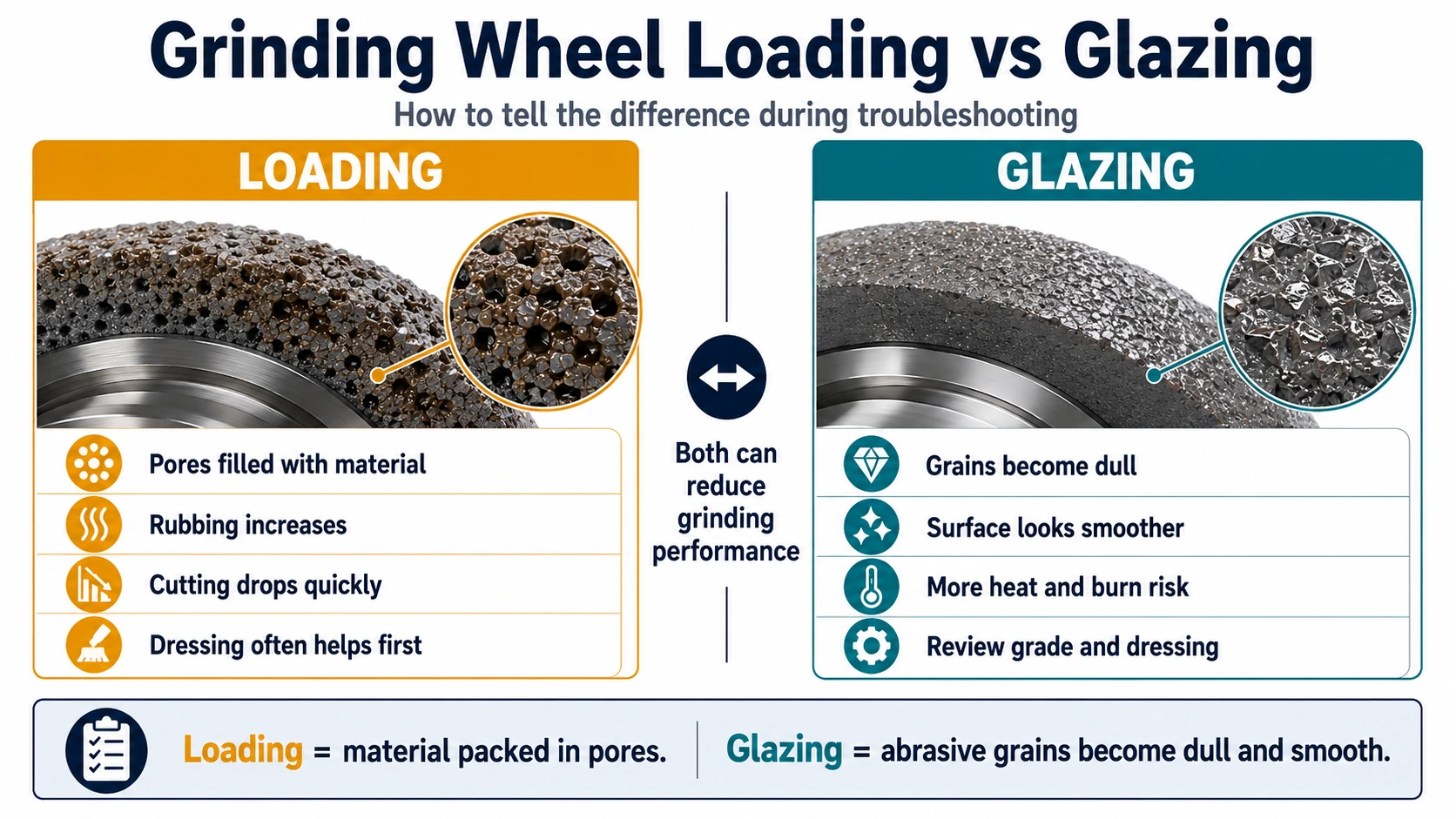 Grinding wheel loading versus glazing comparison for troubleshooting