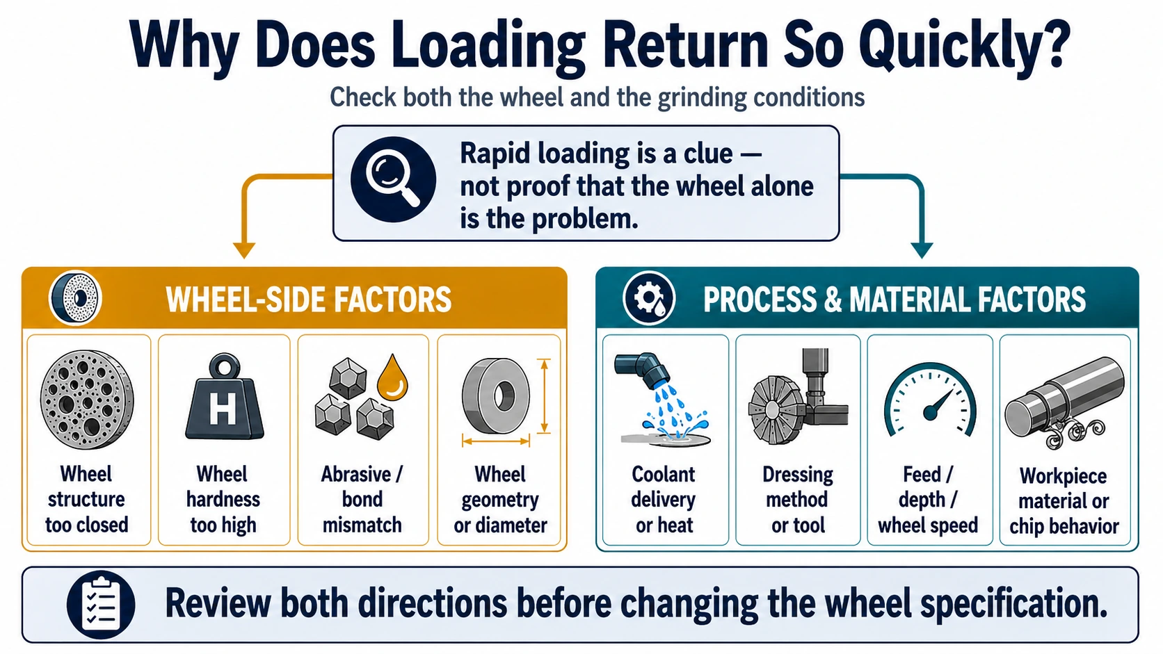 Common wheel side and process side causes of quick grinding wheel loading