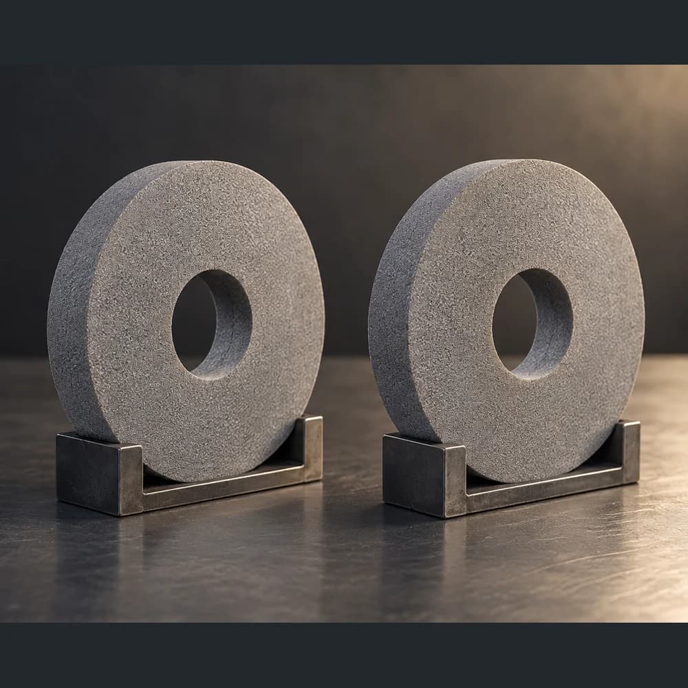 Dos muelas aglomeradas grises de aspecto similar sobre soportes independientes en una mesa industrial neutra.