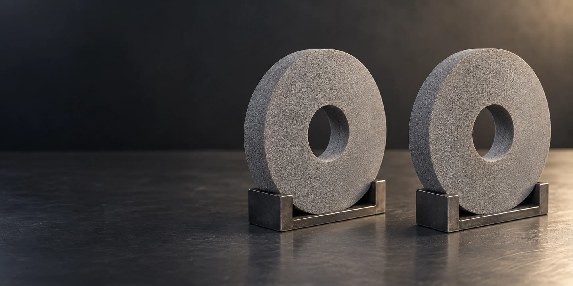 Dos muelas aglomeradas grises de aspecto similar sobre soportes independientes en una mesa industrial neutra.
