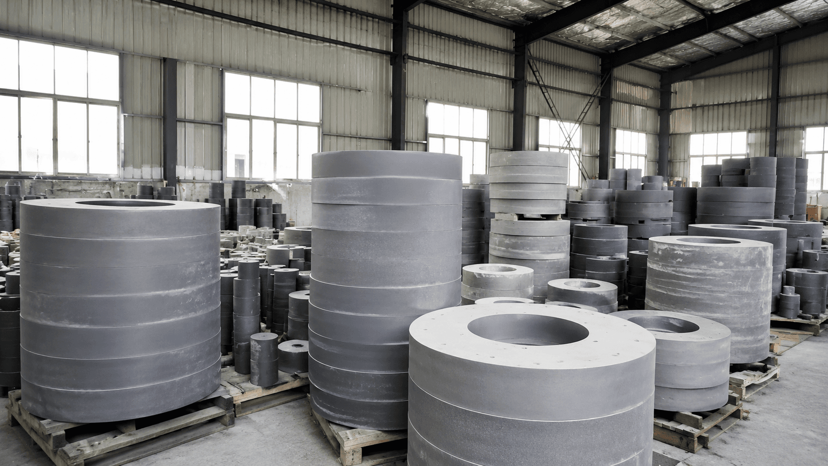 Finished grinding wheels on display at Youlin Abrasive manufacturing facility