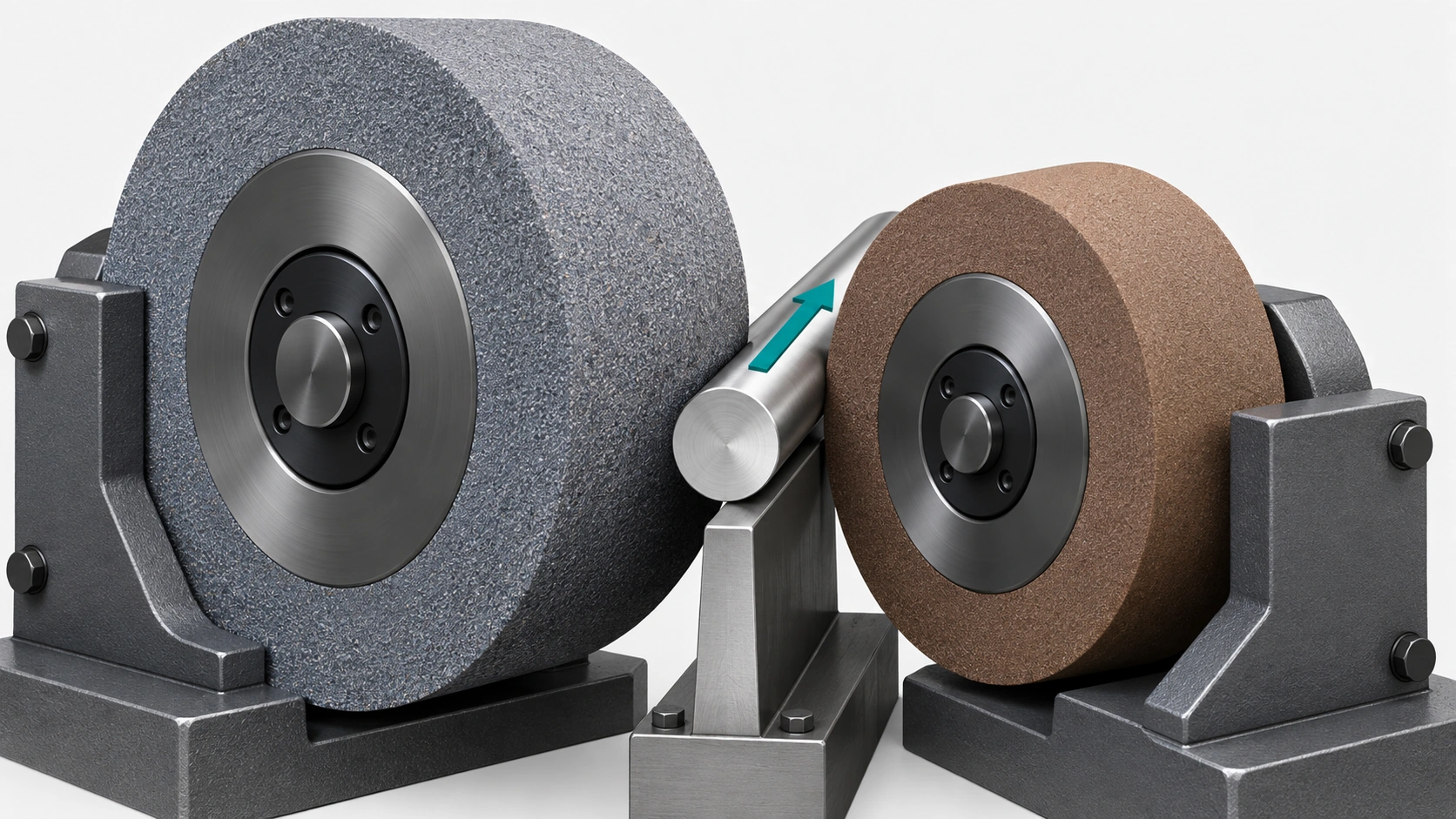 Isometric view of a centerless grinding setup: a cylindrical workpiece rests on a work-rest support between a large abrasive grinding wheel and a darker regulating wheel, with an arrow showing the direction the part travels.