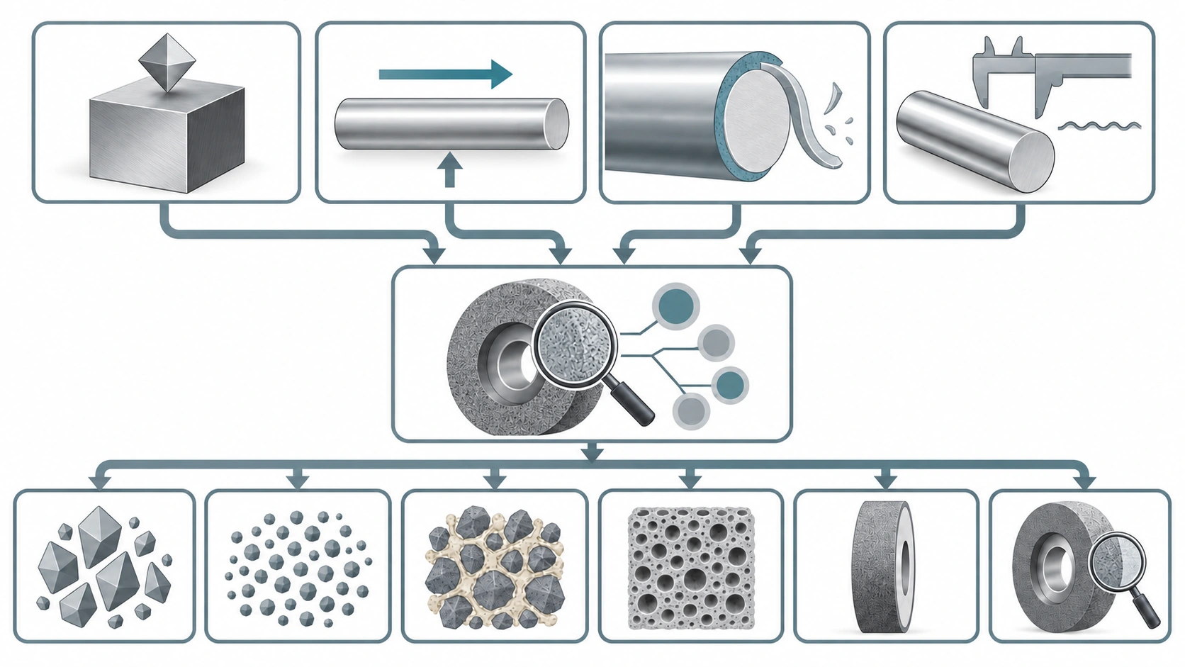 Review framework diagram: four process conditions — material and hardness, feed method, stock removal, and finish and stability — converge into a single assessment, which then opens onto six grinding wheel specification areas to review.