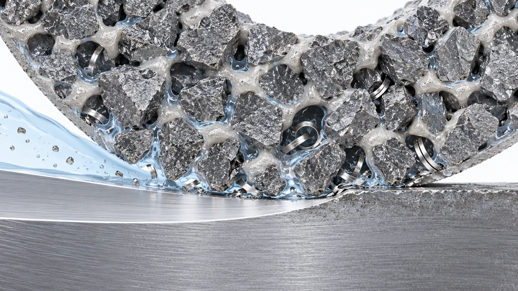 Magnified cutaway of a grinding wheel at the point of contact, showing angular abrasive grains held in bond, pore space between them, metal chips in the voids, and coolant moving through the structure.