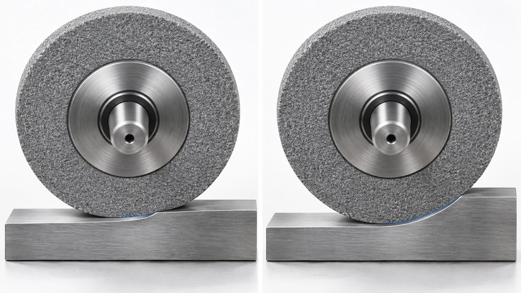 Side-by-side comparison of grinding wheel engagement: on the left the wheel makes shallow contact with a steel block, on the right the same wheel sits deeper in the block with a visibly longer contact arc.