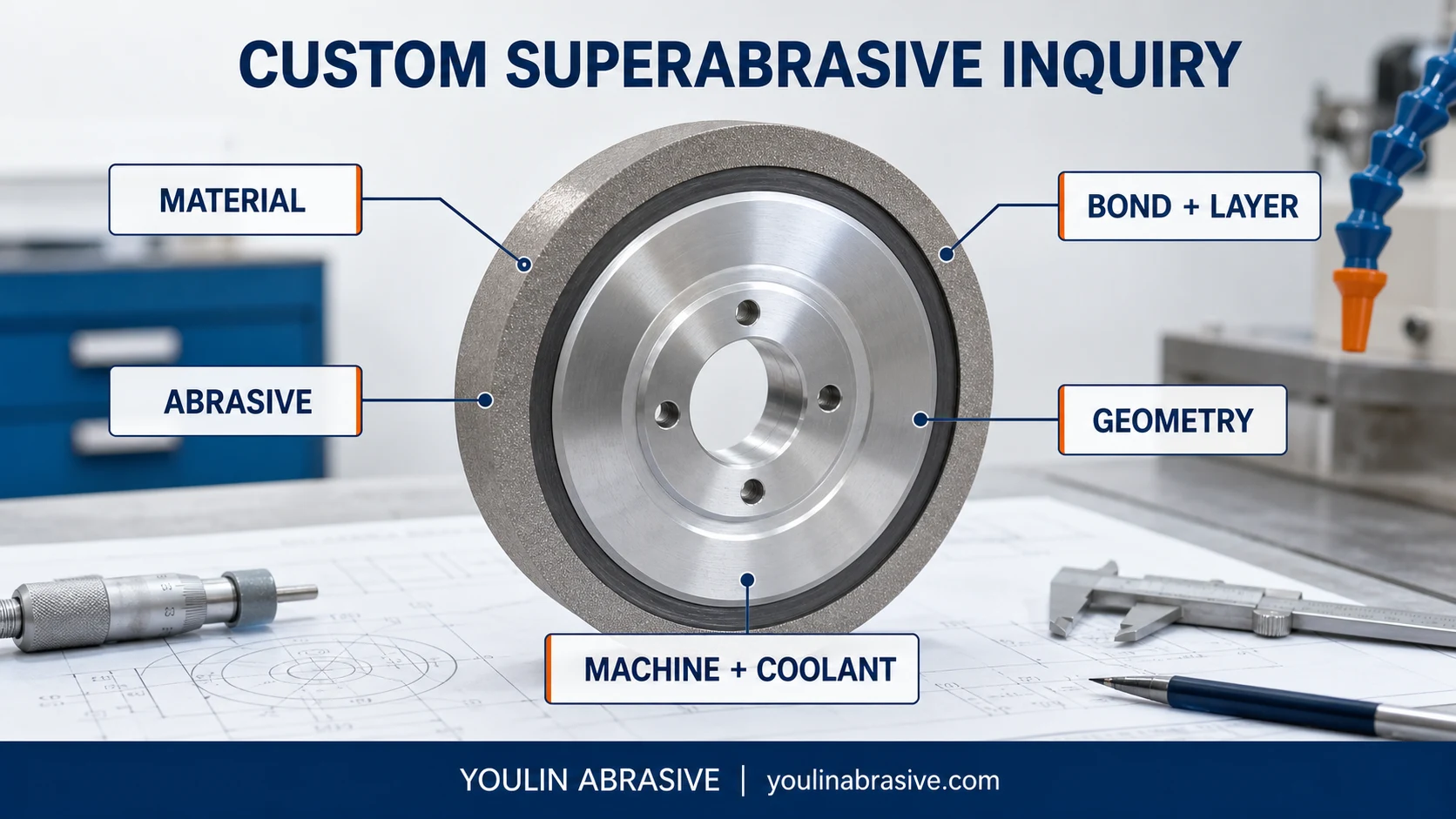 Realistic custom superabrasive grinding wheel inquiry map with material, abrasive, bond and layer, geometry, machine and coolant review areas