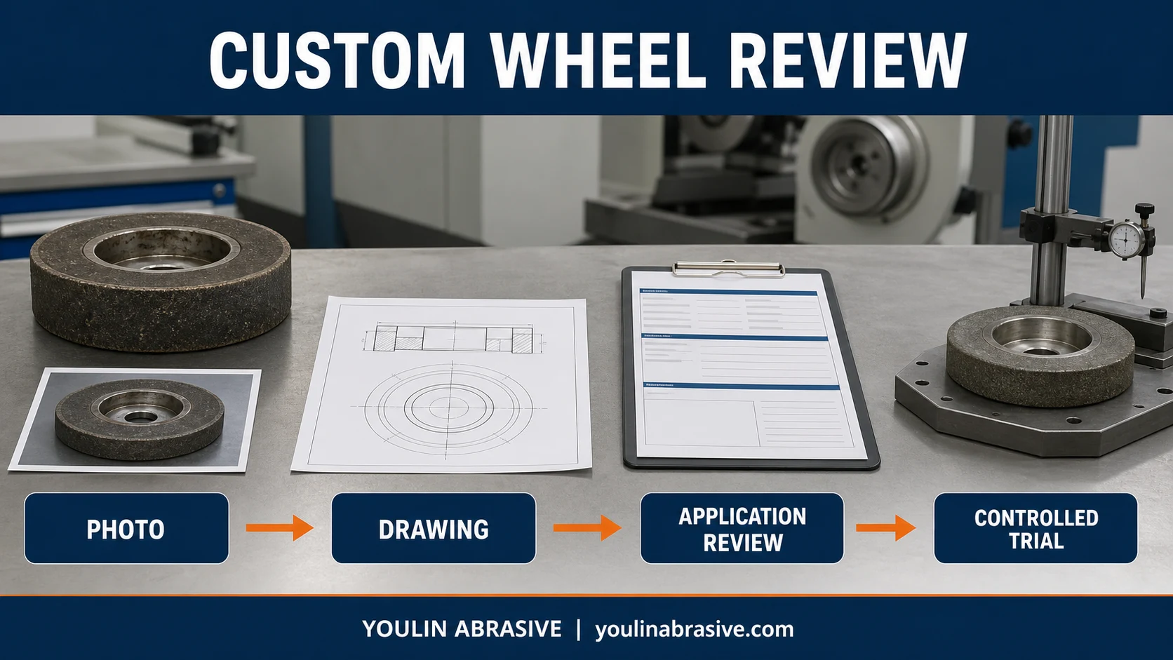Custom grinding wheel review workflow moving from a wheel photo to a drawing, application review and controlled trial
