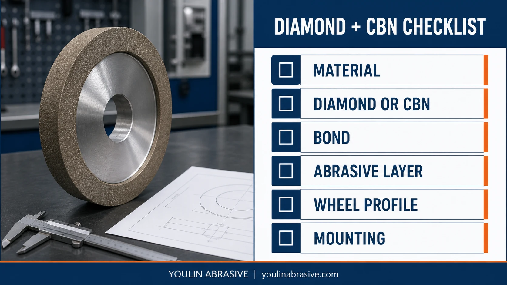 Industrial diamond and CBN grinding wheel checklist for material, abrasive choice, bond, abrasive layer, wheel profile and mounting