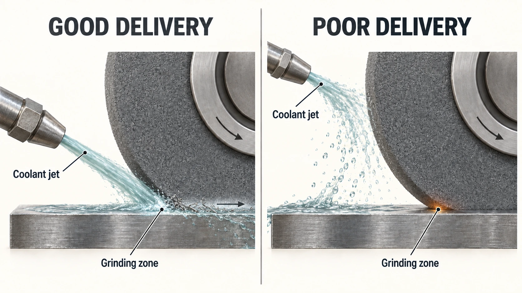 Two-panel comparison: on the left a coherent coolant jet enters the contact between grinding wheel and workpiece, on the right the jet breaks into spray before reaching the contact