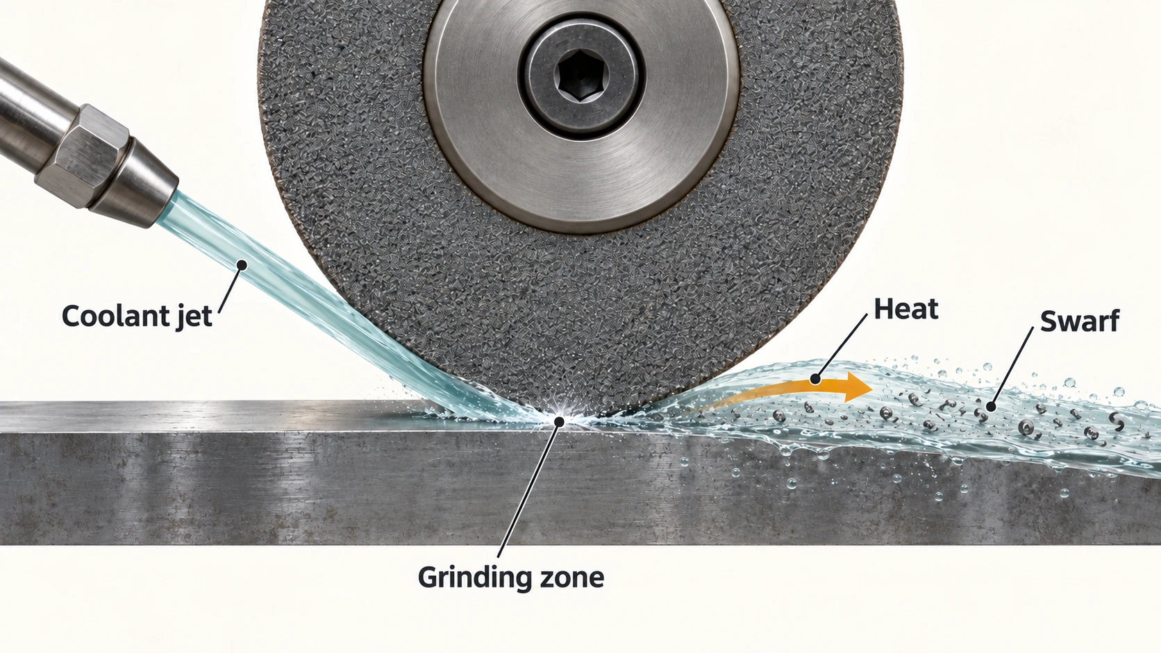 Nozzle directing a coolant stream into the contact between grinding wheel and workpiece, with the fluid leaving the zone carrying heat and swarf