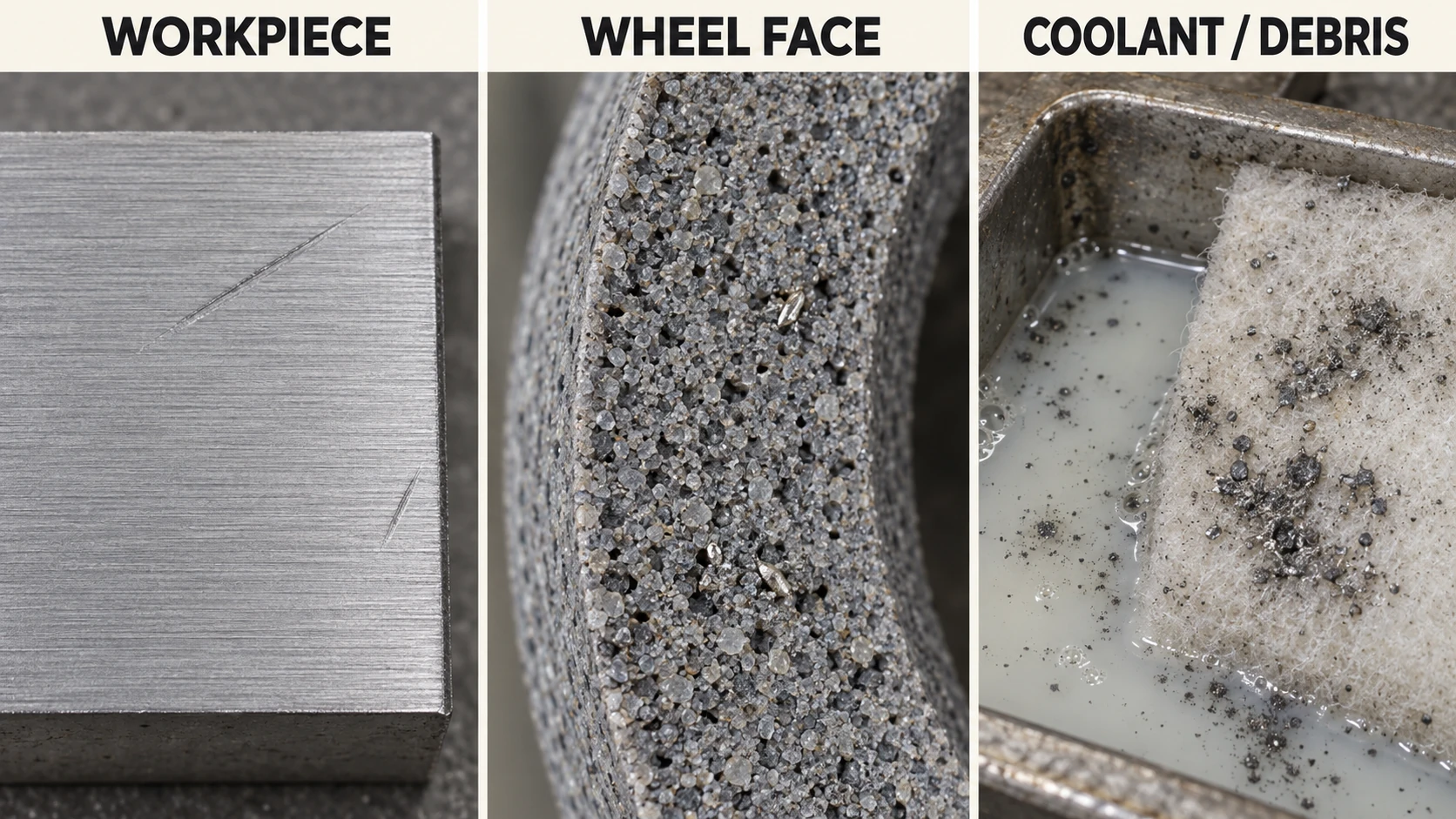 Three scratch evidence views side by side: the workpiece surface, the grinding wheel face, and coolant with settled debris