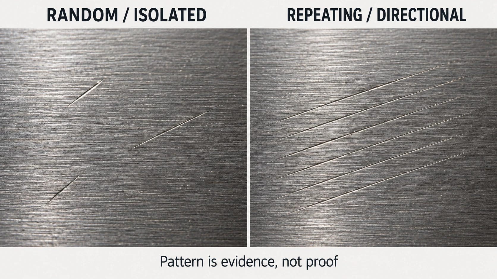 Comparison of an isolated random scratch and a repeating directional mark on a ground surface