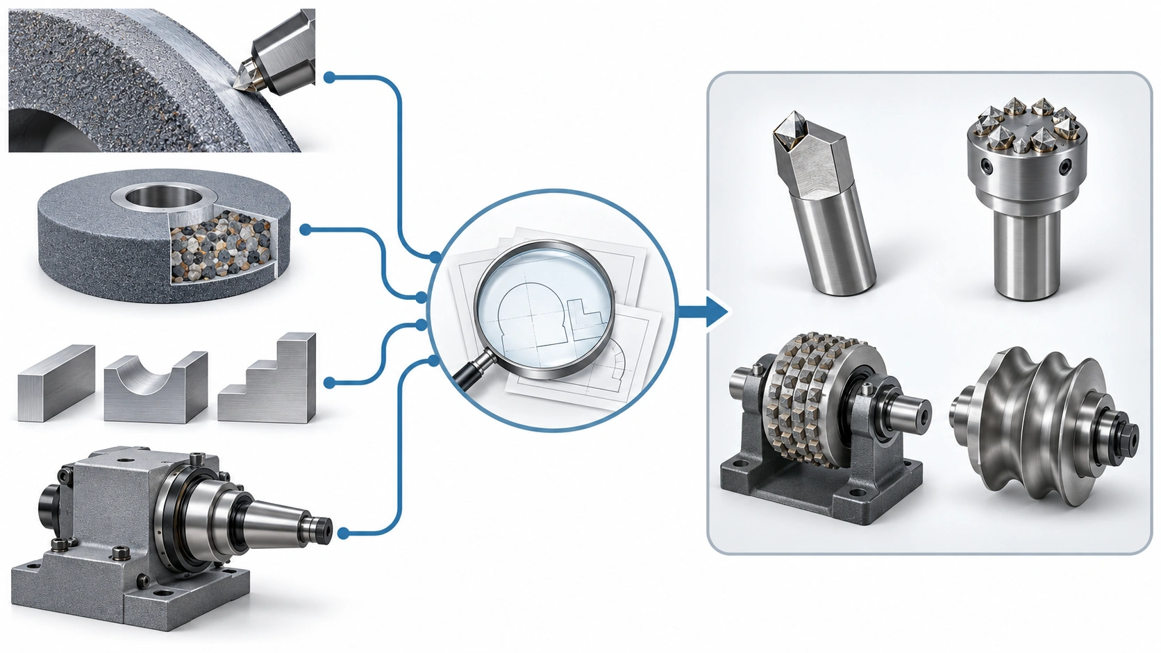 Framework diagram: four inputs on the left — a dressing operation on a grinding wheel, a grinding wheel cut away to show its abrasive structure, a set of machined profile forms, and a machine spindle unit — converge into a single central review, which then opens onto a group of dressing tools.