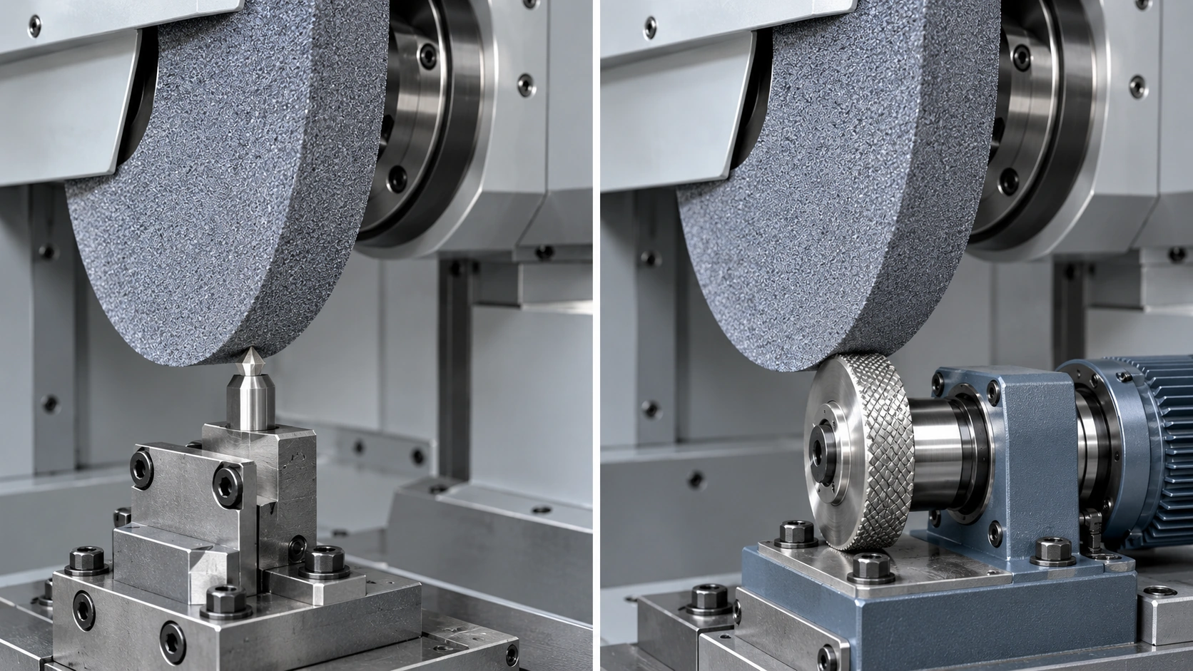 Two-panel comparison of a grinding wheel being dressed. On the left, a single-point dressing tool is held stationary in a clamped machine holder and presented to the wheel face. On the right, a rotary dressing disc mounted on a driven spindle is presented to the same wheel face.