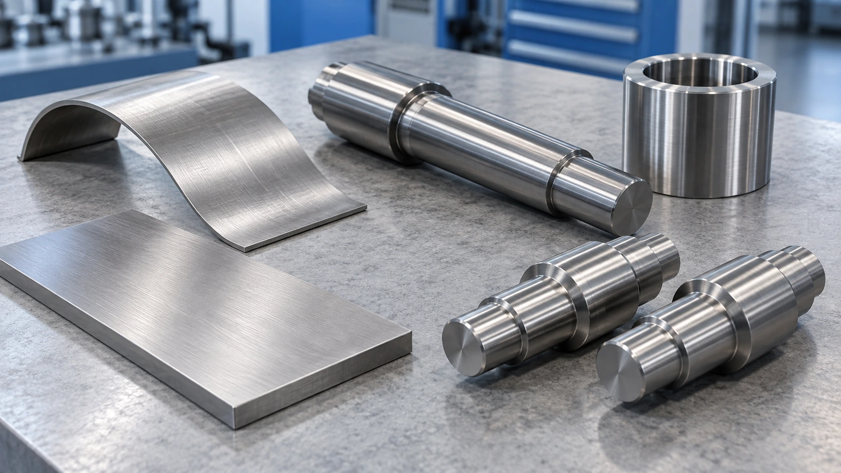 A group of stainless steel workpieces of different shapes and sizes — a flat plate, a formed sheet, shafts and a ring — laid out on a surface plate.