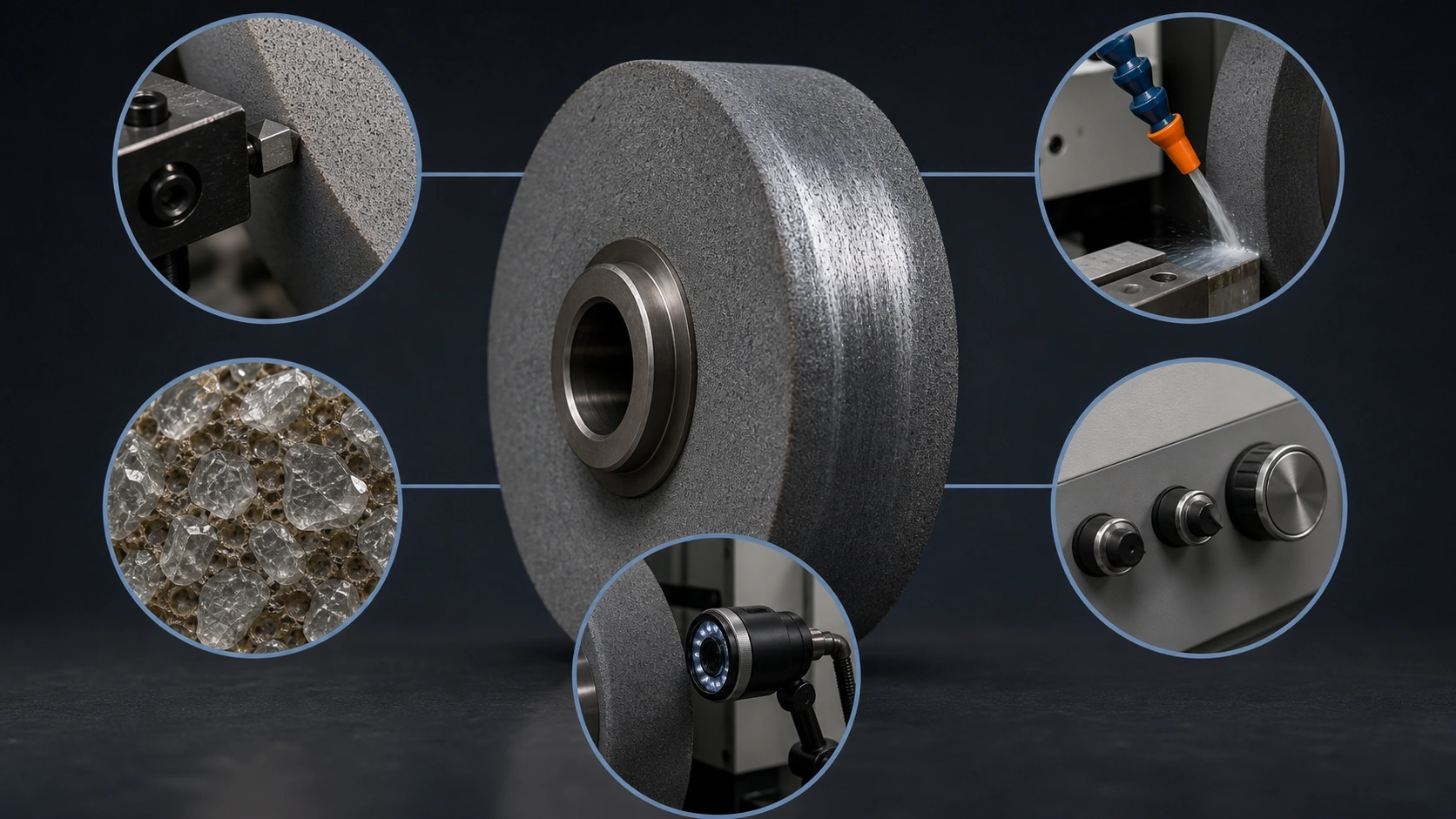Grinding wheel glazing diagnostic visual showing dressing, coolant delivery, abrasive structure, grinding settings, and surface inspection