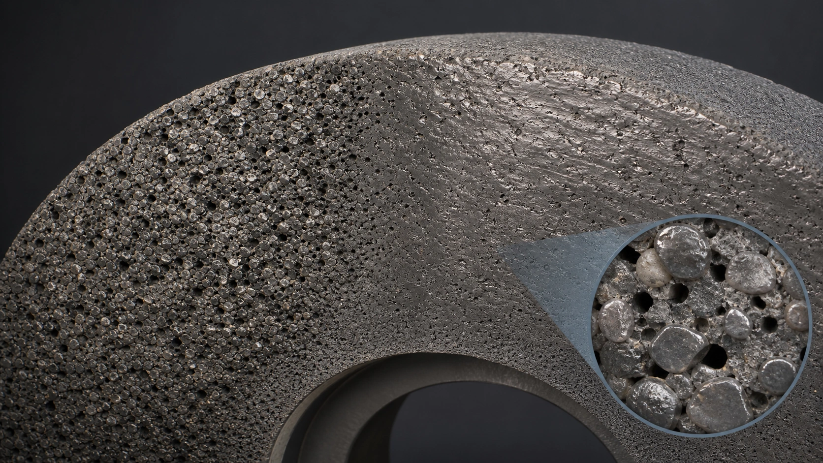 Close-up comparison of an open grinding wheel surface and a smooth glazed area with dull flattened abrasive grains