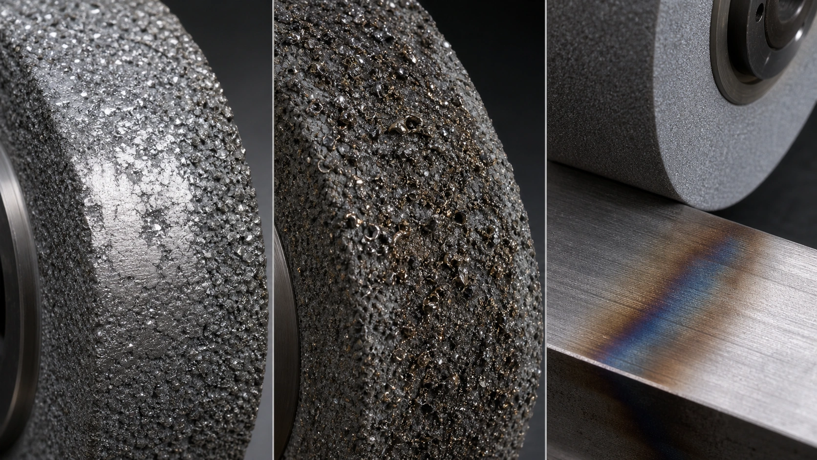 Visual comparison of a glazed grinding wheel, a loaded grinding wheel, and grinding burn on a steel workpiece
