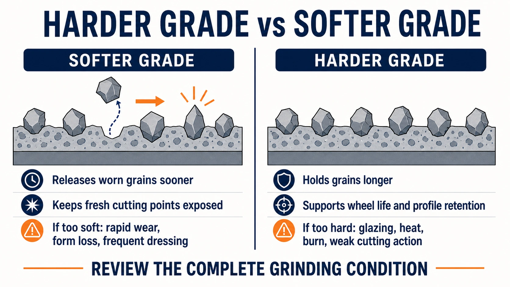 Technical comparison showing how a softer grinding wheel grade releases worn abrasive grains sooner while a harder grade holds grains longer