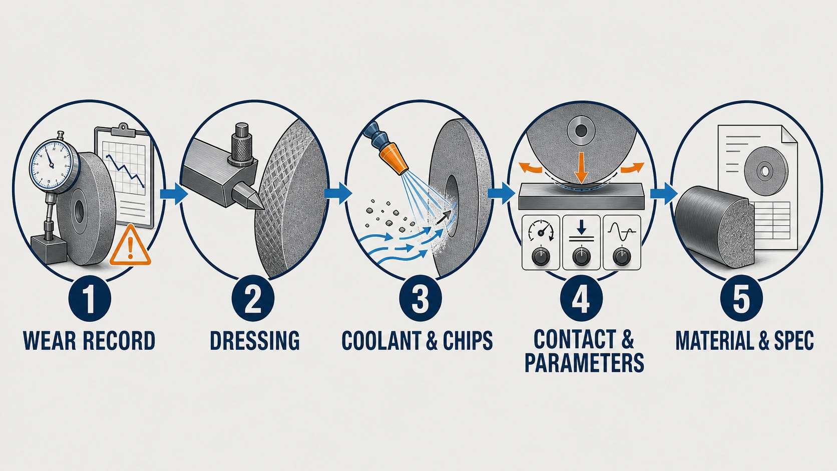 Five-step rapid grinding wheel wear review covering wear records, dressing, coolant and chips, contact and parameters, and material and specification