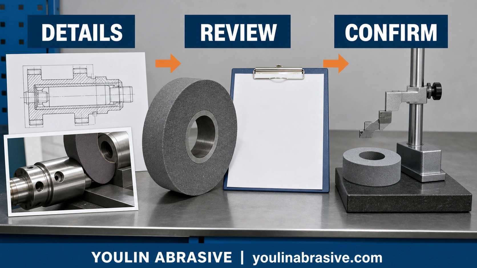 Conceptual hydraulic grinding inquiry workflow from application details through wheel review to confirmation