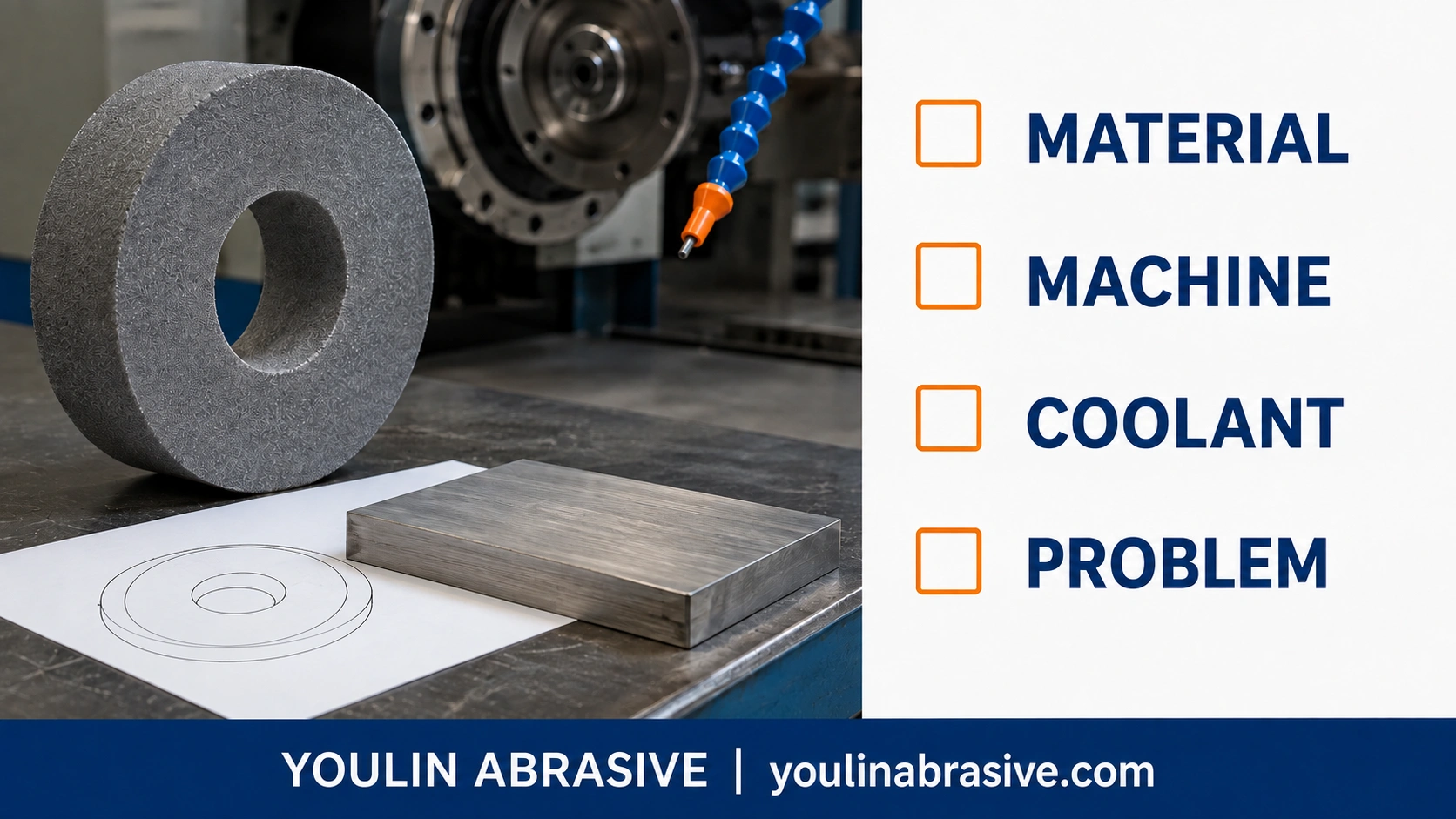 Conceptual inspection bench with a grinding wheel and material, machine, coolant and problem checklist