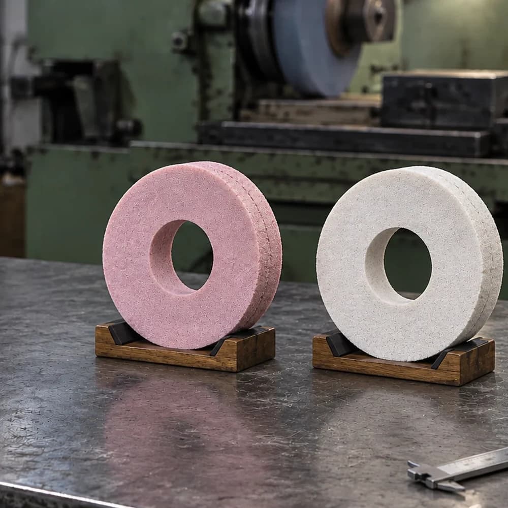 Pink and white vitrified aluminum oxide grinding wheels side by side on an industrial workbench for abrasive selection comparison.