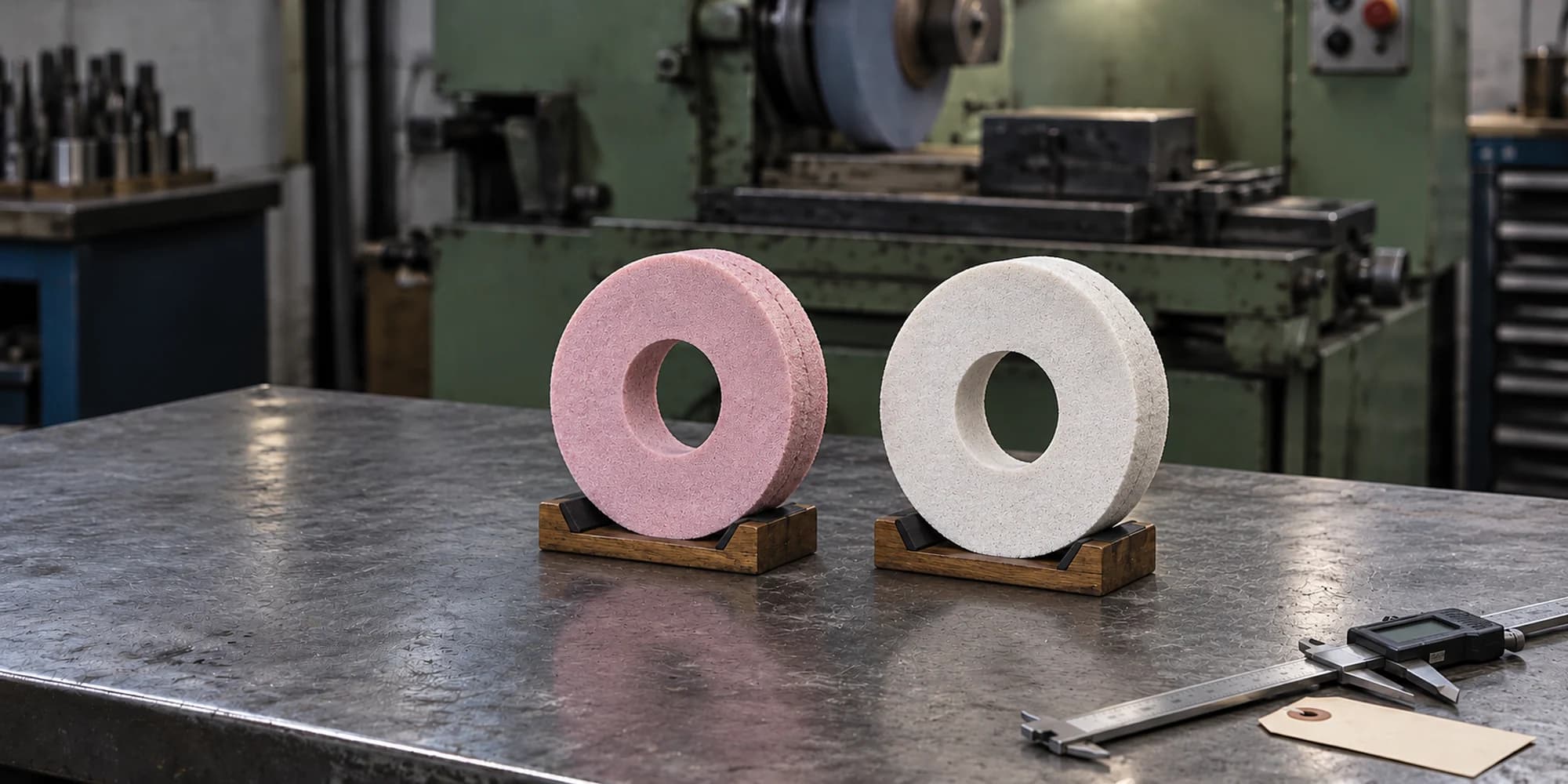 Pink and white vitrified aluminum oxide grinding wheels side by side on an industrial workbench for abrasive selection comparison.